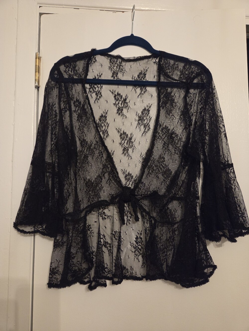 Black Lace Sheer Tie-Front Wrap Top - Women Intimates, Sleepwear or Gown.